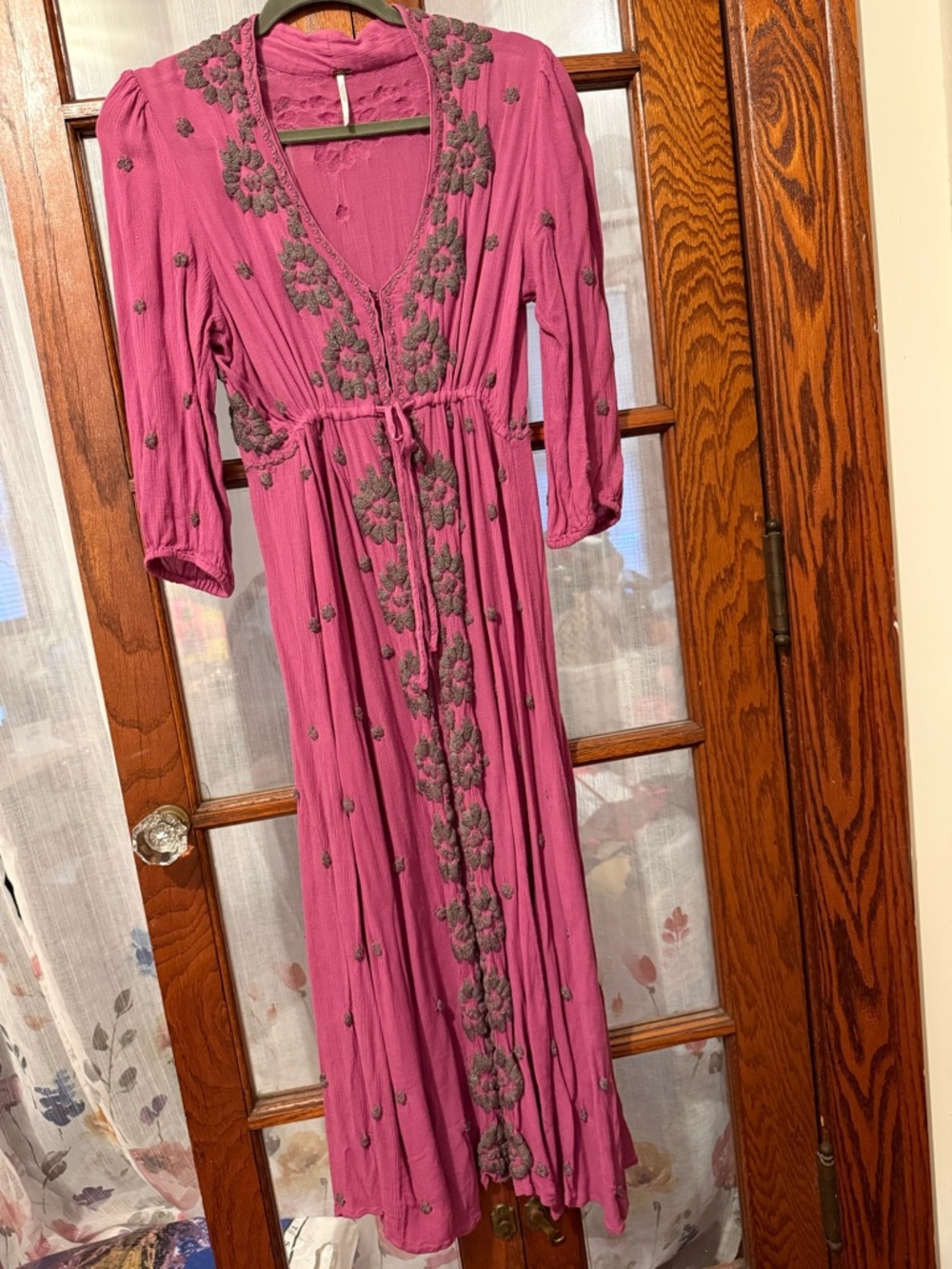 Free People Pink Embroidered V-Neck Midi Dress